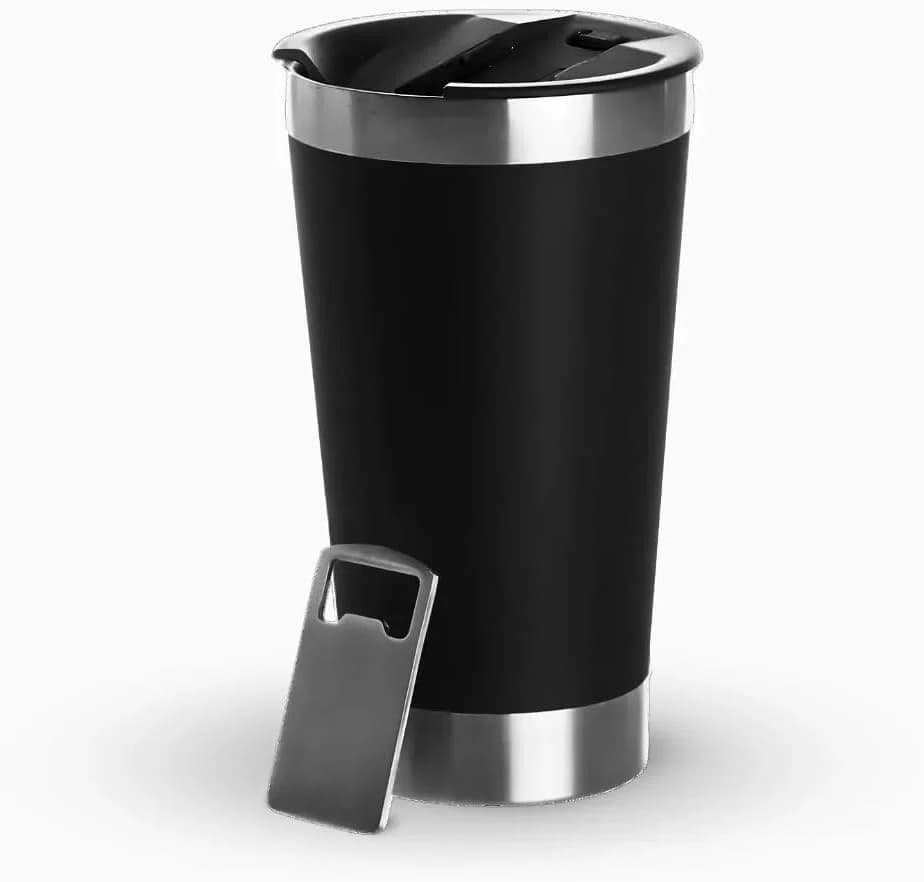 Copo térmico em inox preto de 473 ml com abridor integrado da Casa das Lembrancinhas em Goiânia